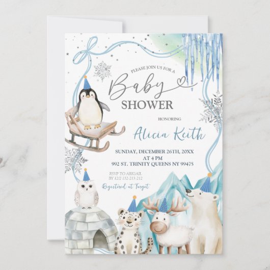 Snow Boy Winter Arctic Animals Baby Shower Einladung (Vorderseite)