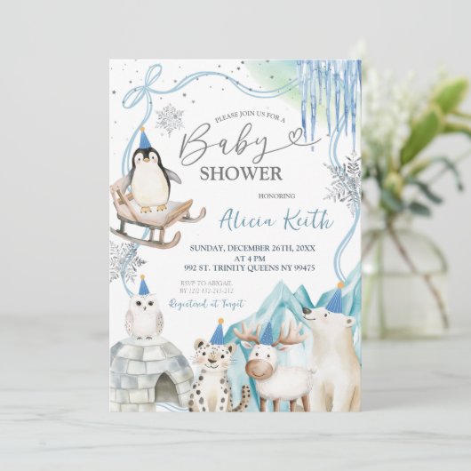 Snow Boy Winter Arctic Animals Baby Shower Einladung (Stehend Vorderseite)