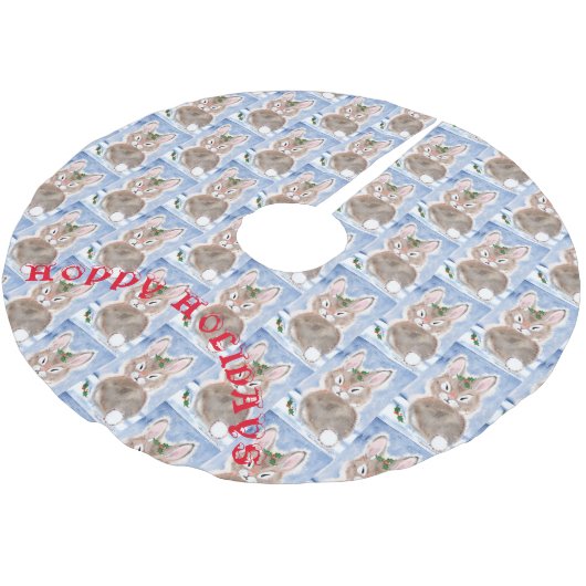 Snow Bunny Rabbit Weihnachtsbaum Rock Blau Weiß Polyester Weihnachtsbaumdecke (Schrägansicht)