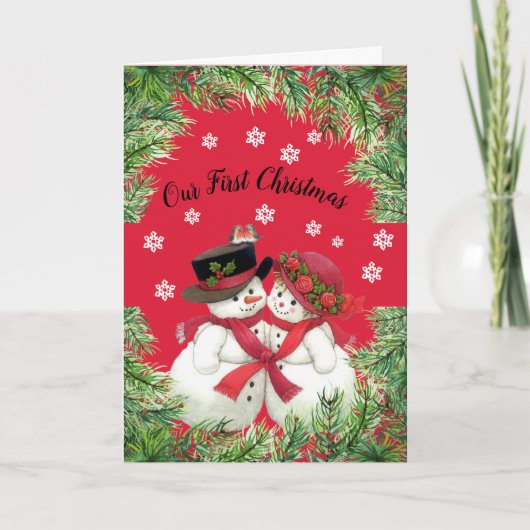 Snow Couple, unsere erste Weihnachtskarte Karte (Vorderseite)