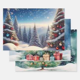 Snow Cover Christmas Trees in Woods Geschenkpapier Set