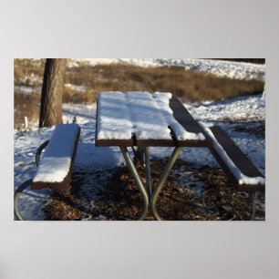 Snow Covered Picnic Bench Poster