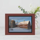 Snow Covered Red Barn Business Happy Holidays Einladung (Stehend Vorderseite)