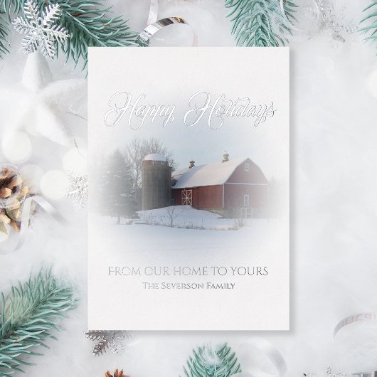 Snow Covered Red Barn Happy Holidays Folien Feiertagskarte