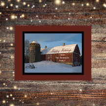 Snow Covered Red Barn Happy Holidays Weihnachten