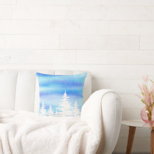 Snow Covered Trees Blue Violet Watercolor Wash Kissen