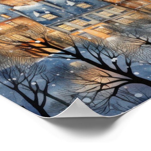 Snow Covered Village Blue Themed Poster (Ecke)