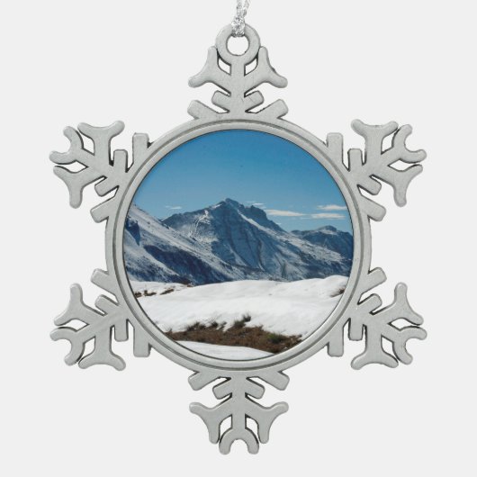 Snow Davos Switzerland Holiday Card Poster Foto B Schneeflocken Zinn-Ornament (Vorderseite)
