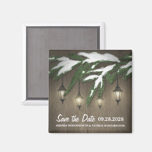 Snow Evergreen Lantern Wedding Save the Date Magnet (Vorderseite/Rückseite)