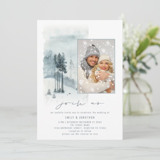 Snow Forest Foto schließen sich uns QR Code Blue W Einladung (Stehend Vorderseite)