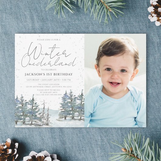 Snow Forest Winter Onederland Boy Birthday Foto Einladung