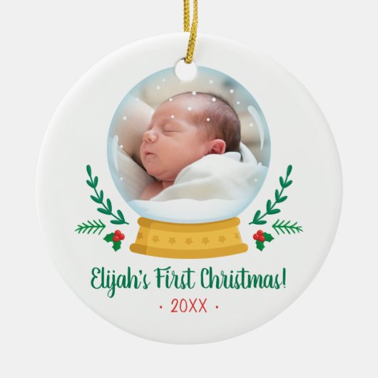 Snow Globe Baby's First Christmas Foto Keramik Ornament (Vorne)