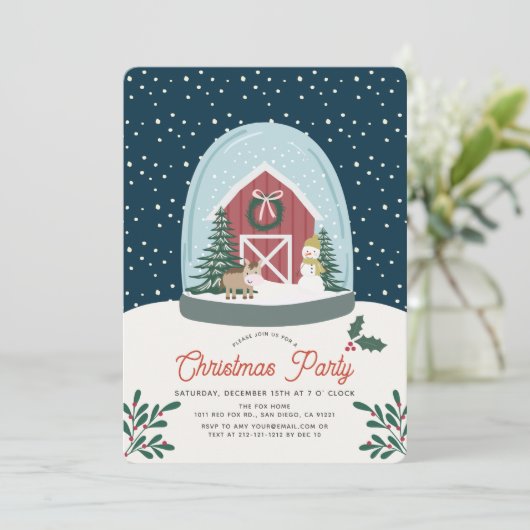 Snow Globe Barn Weihnachtsfeier Einladung (Stehend Vorderseite)