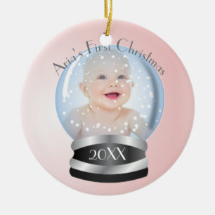 Snow Globe Pink Girl Baby's 1. Weihnachts-Foto Keramik Ornament
