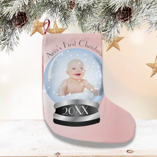 Snow Globe Pink Girl Baby's 1. Weihnachts-Foto Kleiner Weihnachtsstrumpf