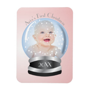 Snow Globe Pink Girl Baby's 1. Weihnachts-Foto Magnet