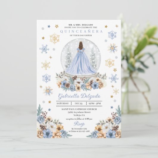 Snow Globe Princess Winter Wonderland Quinceañera Einladung (Stehend Vorderseite)