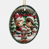 Snow Globe Vibe: Dackel Children Scene Keramik Ornament (Rechts)