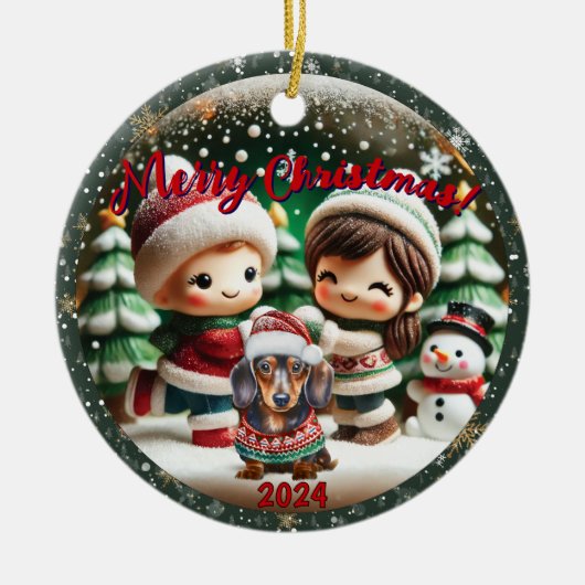 Snow Globe Vibe: Dackel Children Scene Keramik Ornament (Vorne)