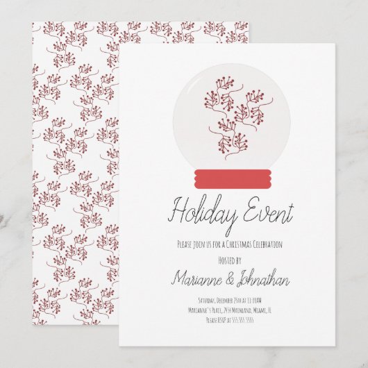 Snow Globe Weihnachts-Party Berry Sprigs Einladung (Vorne/Hinten)