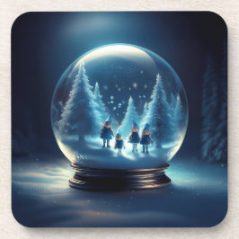 Snow Globe With 4 Small Elves And Snow Flakes Getränkeuntersetzer