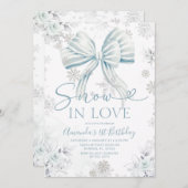 Snow In Love Blue Bow Silver Snowflake Birthday Einladung (Vorne/Hinten)