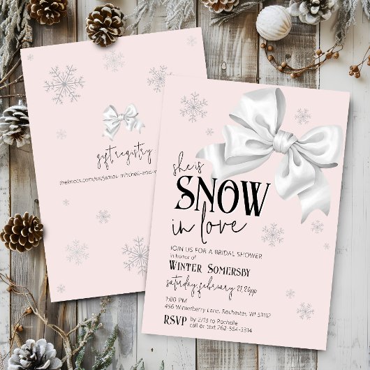 Snow In Love Modern Bow Pink Winter Bridal Shower Einladung