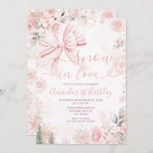 Snow In Love Pink Bow Floral Christmas Birthday Einladung (Vorne/Hinten)