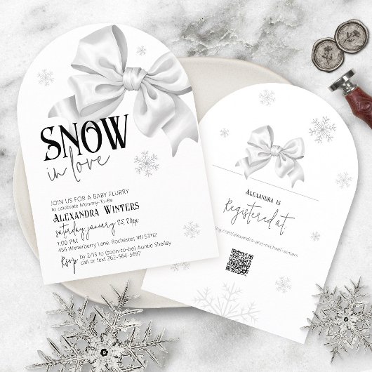 Snow In Love White Bow Baby Shower Winter Arch QR Einladung