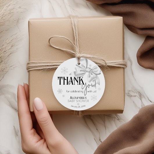 Snow In Love White Bow Elegant Winter Baby Shower Geschenkanhänger