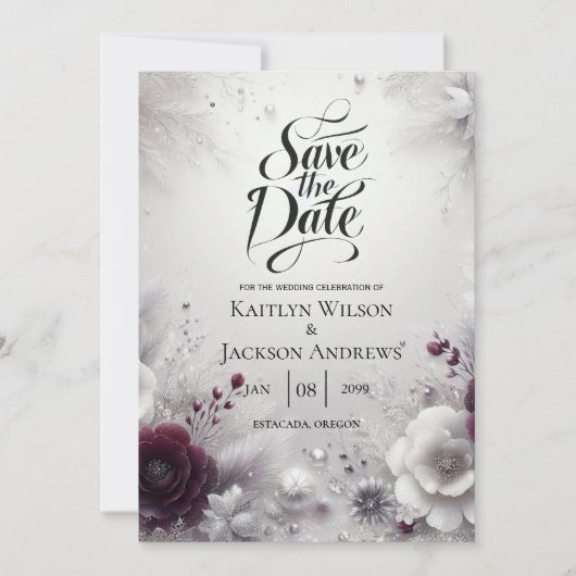 Snow-Kissed Plum and Ivory Floral Save the Date (Vorderseite)