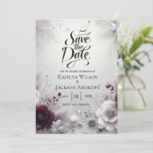 Snow-Kissed Plum and Ivory Floral Save the Date (Stehend Vorderseite)
