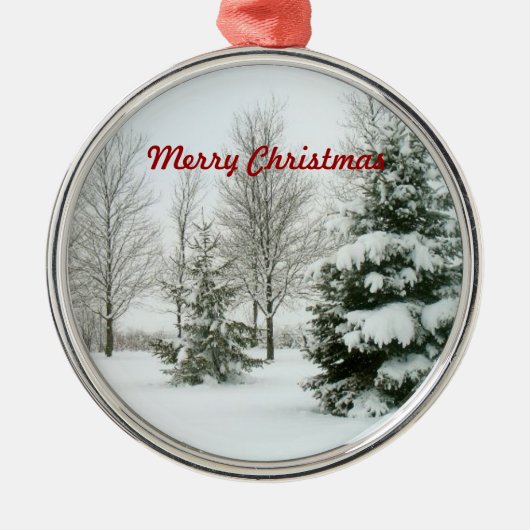 Snow-Laden Bäume, frohe Weihnachten, Ornament Aus Metall (Vorne)