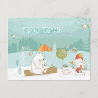 Snow Landscape Scene Bears and Snowman Christmas
