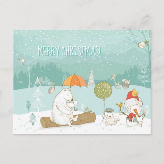 Snow Landscape Scene Bears and Snowman Christmas Postkarte (Vorderseite)