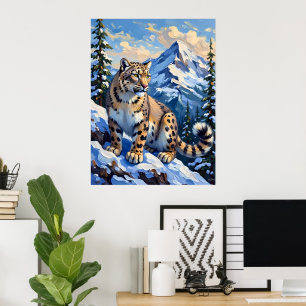 Snow Leopard auf einem Berg Poster