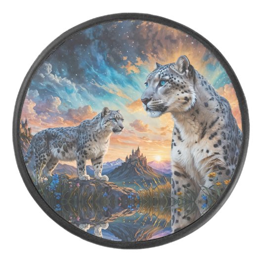 Snow Leopard Burg Sonnenaufgang Eishockey Puck (Vorderseite)