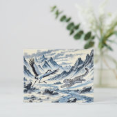 Snow Leopard Jagd auf ein Kranich Chinesisches Tin Postkarte (Stehend Vorderseite)