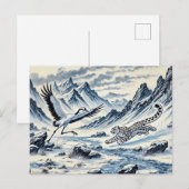 Snow Leopard Jagd auf ein Kranich Chinesisches Tin Postkarte (Vorne/Hinten)