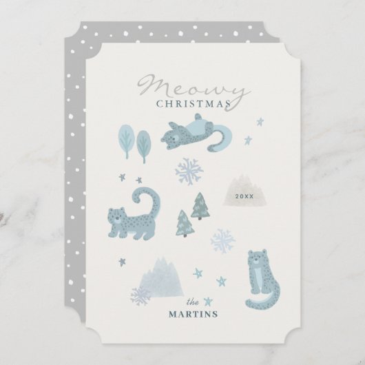 Snow Leopard Meowy Christmas Blue Holiday Card Einladung (Vorne/Hinten)
