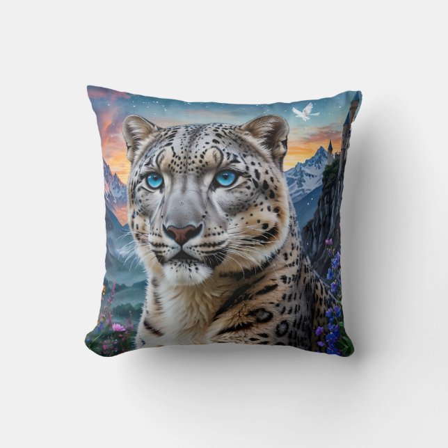 Snow Leopard Mountain Valley Sunset Kissen (Vorderseite)