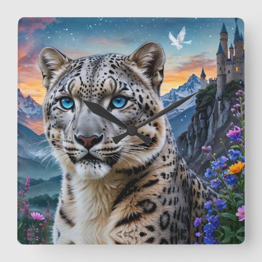 Snow Leopard Mountain Valley Sunset Quadratische Wanduhr (Vorderseite)