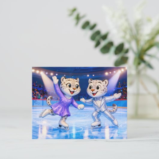 Snow Leopard Pair Performing Ice Dance Routine in  Postkarte (Stehend Vorderseite)