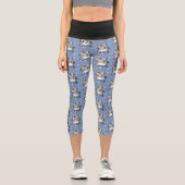 Snow Leopard Snowflakes Blaue Blumen Capri Leggings (Vorderseite)