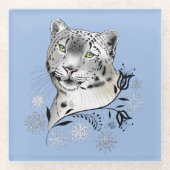 Snow Leopard Snowflakes Blaue Blumen Glasuntersetzer (Vorderseite)