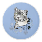 Snow Leopard Snowflakes Blaue Blumen Keramikknauf (Vorderseite)