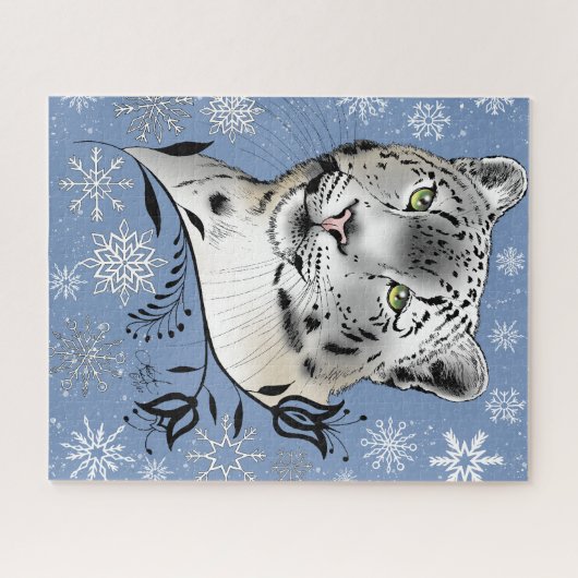 Snow Leopard Snowflakes Blaue Blumen Puzzle (Horizontal)