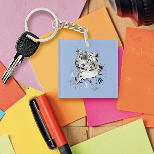 Snow Leopard Snowflakes Blaue Blumen Schlüsselanhänger