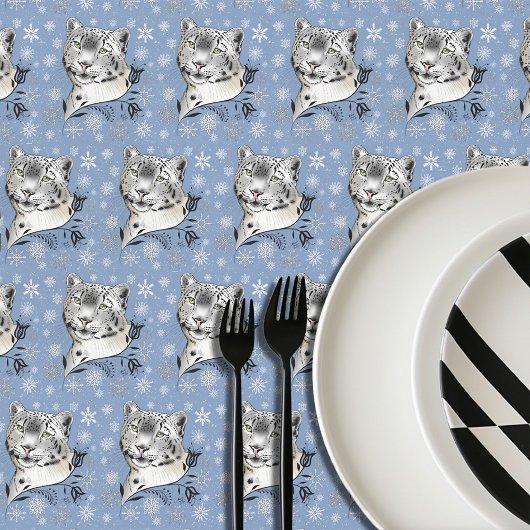 Snow Leopard Snowflakes Blaue Blumen Tischdecke