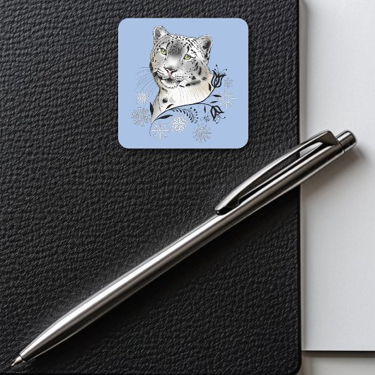 Snow Leopard Snowflakes Blaue Rose Quadratischer Aufkleber